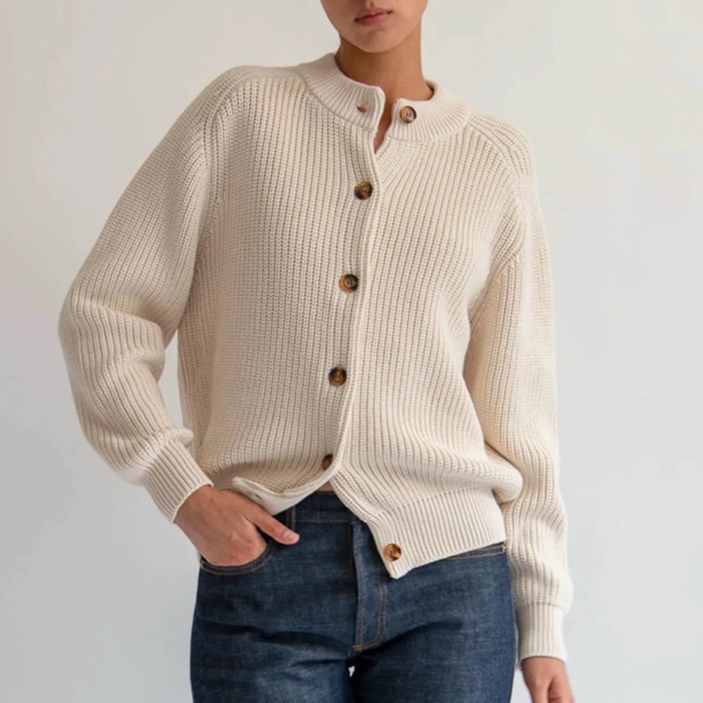 Demy by Demylee Audrey Cardigan Sweater Large Cream Fisherman Chunky Minimalist
